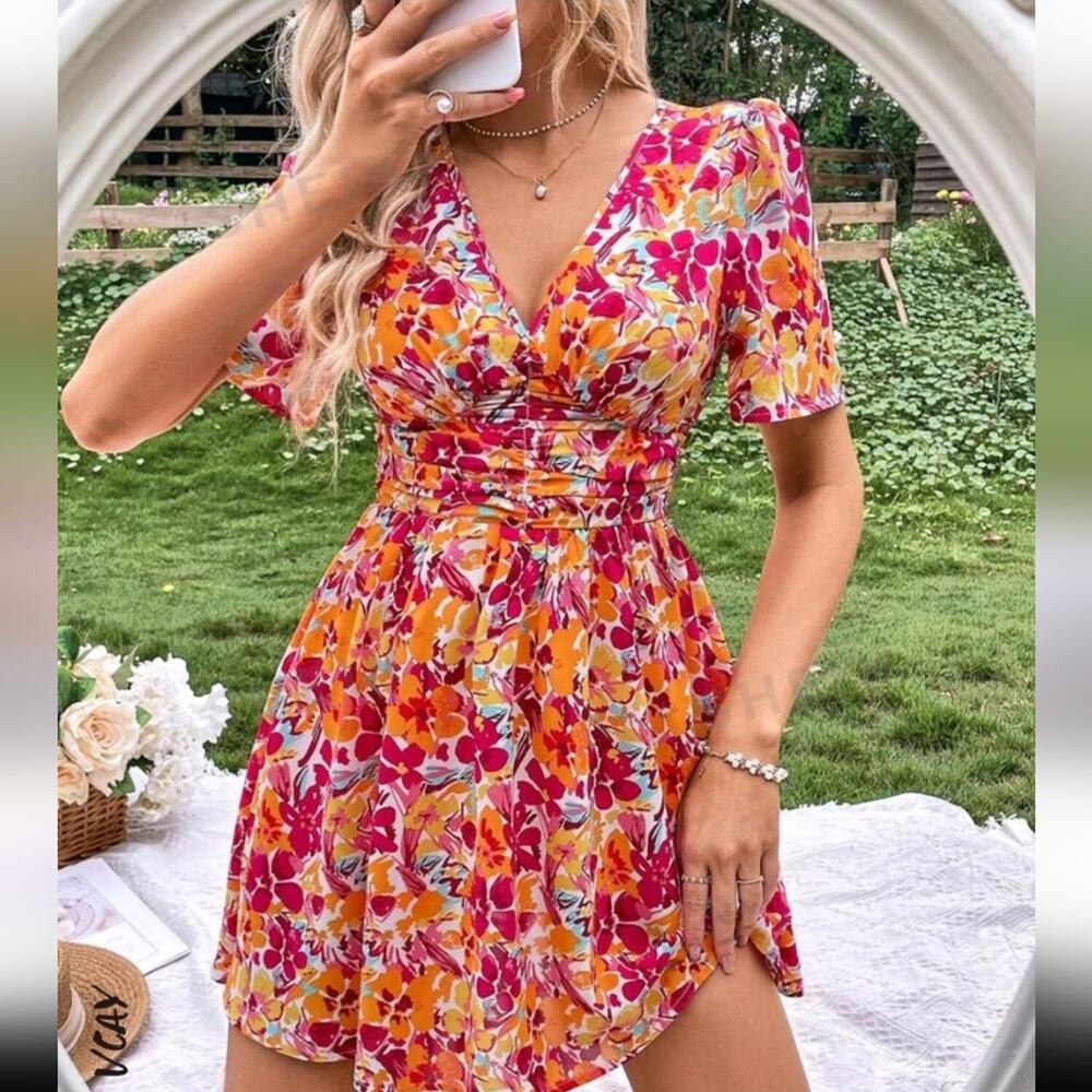 Shein Floral Ruched Waist Pink Multicolor V-Neck Dress Size Medium NWT